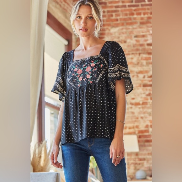 Savanna Jane Babydoll Embroidered Floral Polka Dot Top - Picture 2 of 8